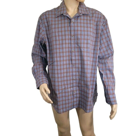 Rowm Mens Tall Plaid Button-Up Shirtsize  2XT Brown & Blue Long Sleeve - Picture 1 of 7